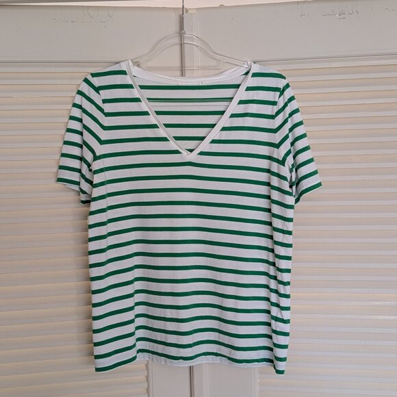 COS V-Neck T-Shirt Green White Stripes 100% Cotton Jersey Size Medium Like New - Picture 1 of 6